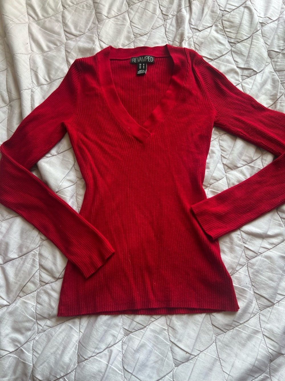 Revamped Women's Vibrant Red Ribbed V-Neck Pullover